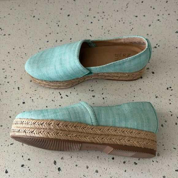 Naturalizer Thea 3 Turquoise Linen Espadrille Platform Slip On Loafers Size 8.5M - Picture 1 of 12